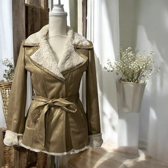 Via Spiga Metallic Gold Faux Leather Belted Moto Glam Sherpa Jacket S - Picture 1 of 12